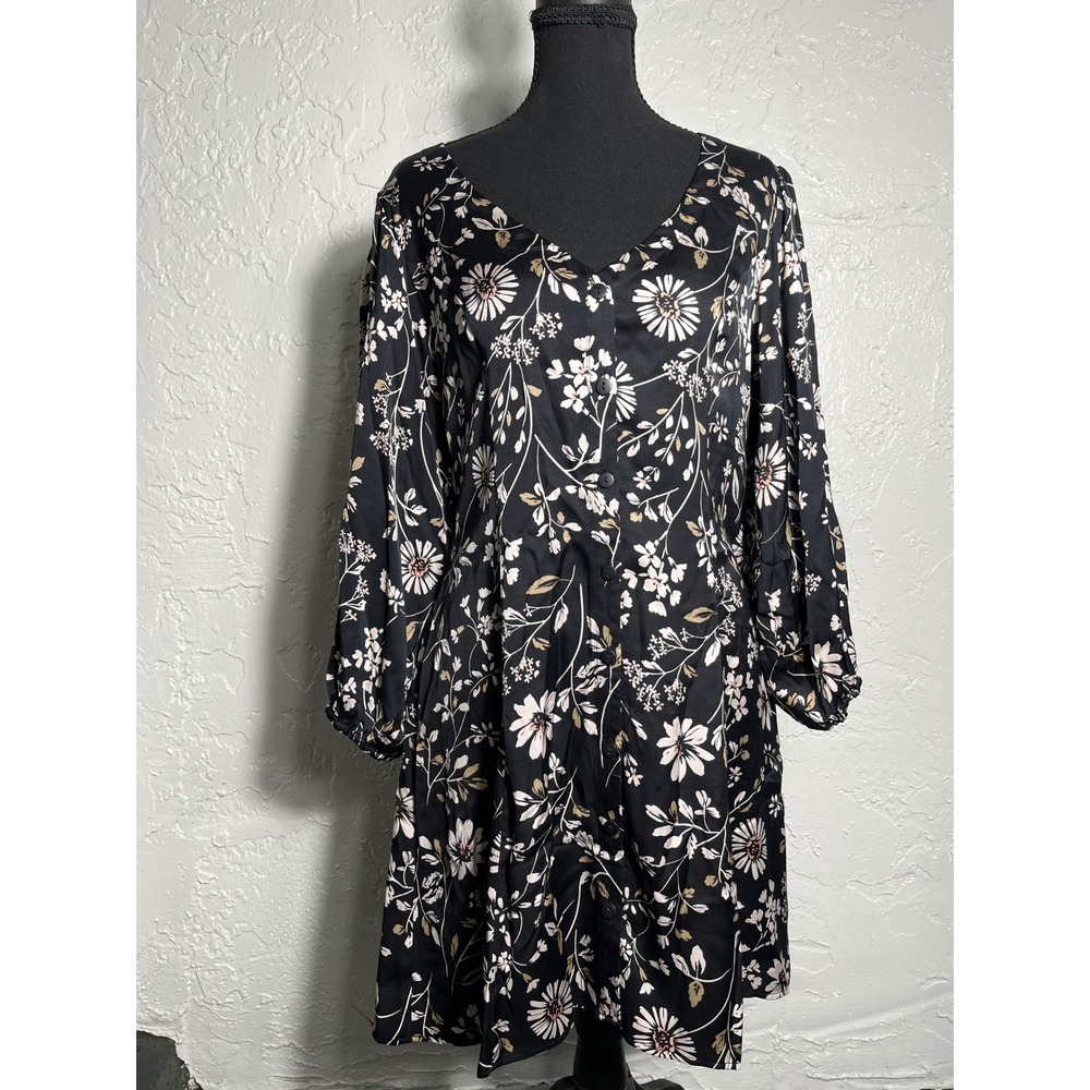 Saltwater Luxe M Black Floral Button Front Mini Dress Long Sleeve Boho